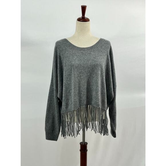 CRUSH Cashmere Sz 3 L Large Gray Fringe Trim 100% Cashmere Sweater Tallin NWT - Picture 9 of 10